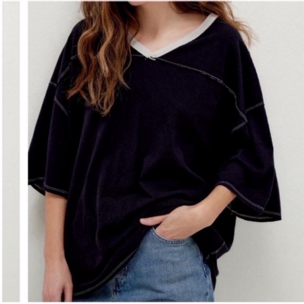 Free People Black Oversized Short Sleeve Tee with White Trim